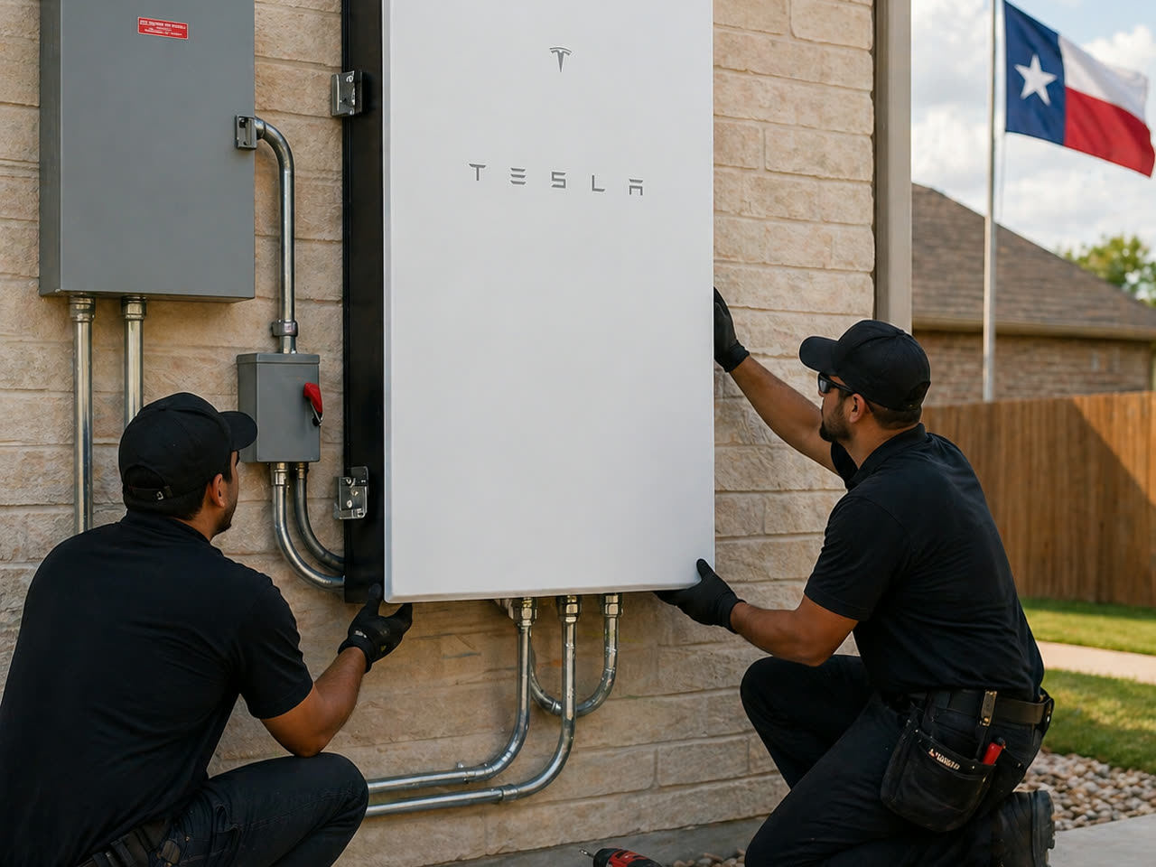 Two technicians installing Tesla Powerwall battery in residential garage