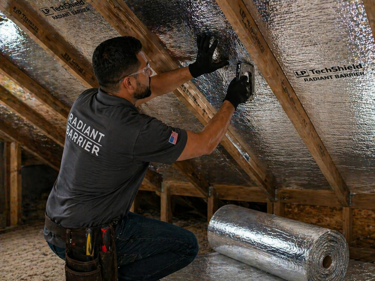 Specialist installing radiant barrier insulation in attic