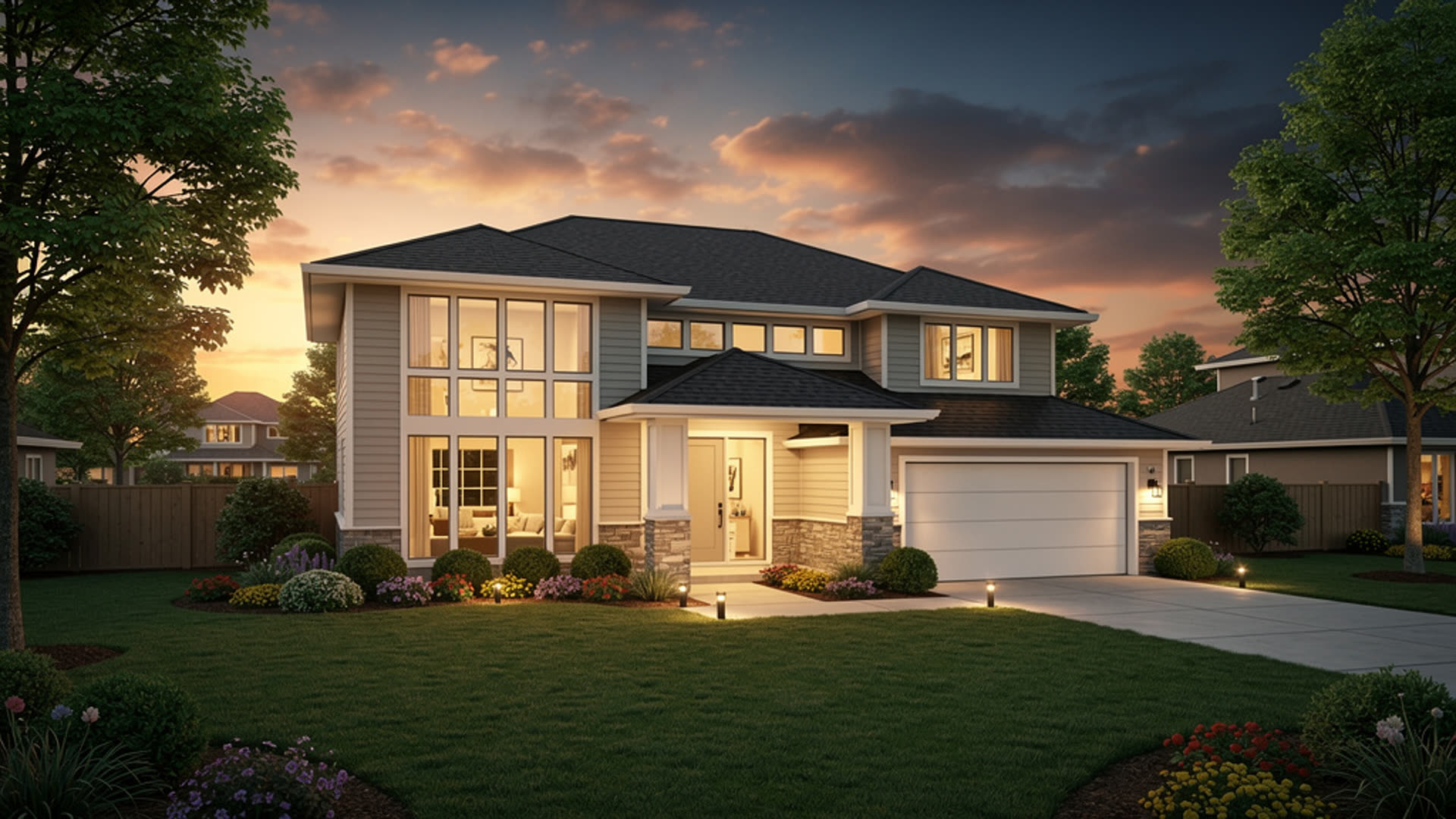 Suburban American home at golden hour with warm interior lights