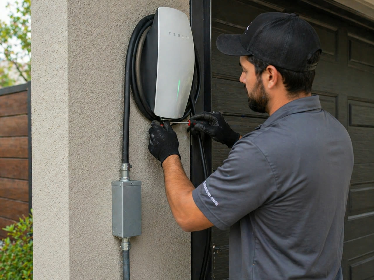 Level 2 EV charger installed in residential garage with Tesla parked at sunset