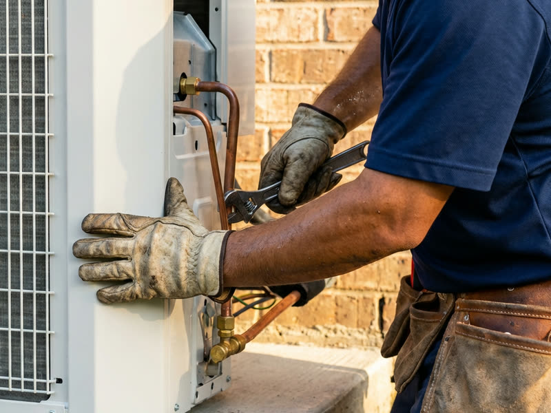 Technician installing residential AC condenser unit outside home