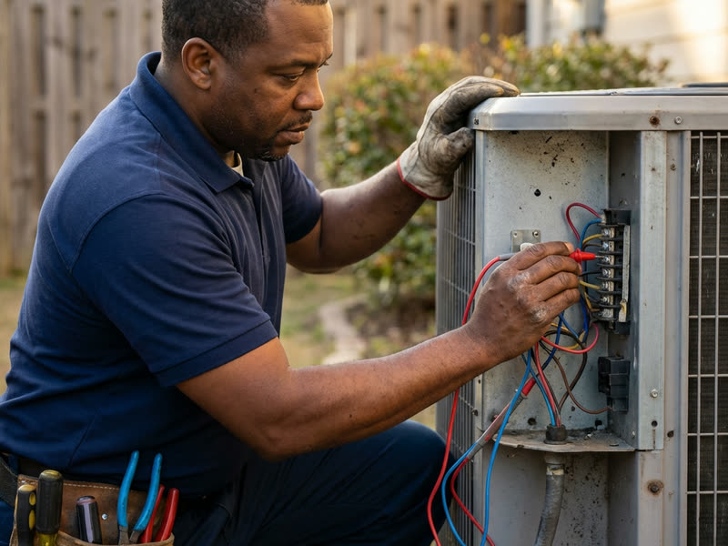 HVAC technician repairing residential AC unit