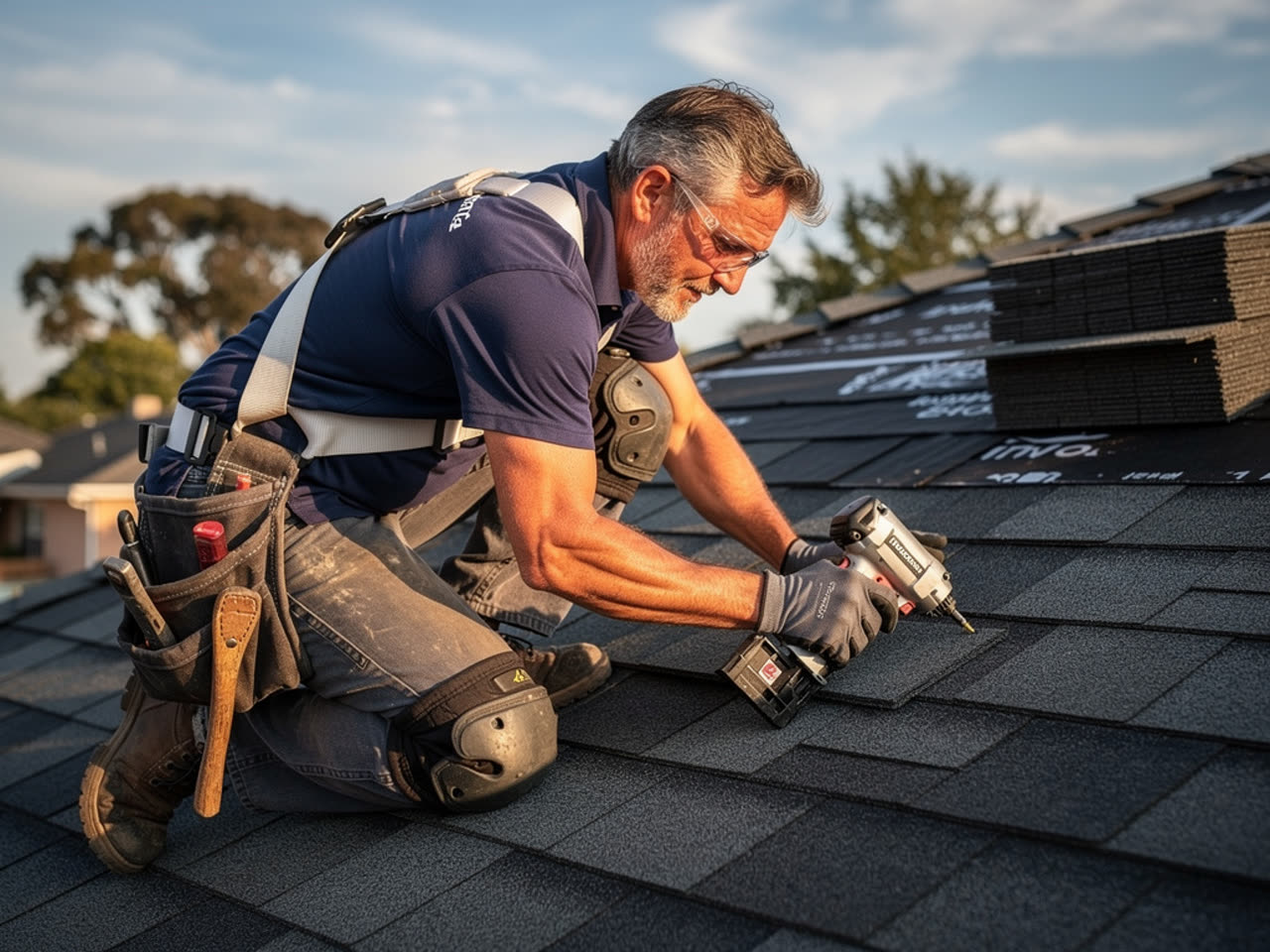Roofer installing asphalt shingles on residential pitched roof