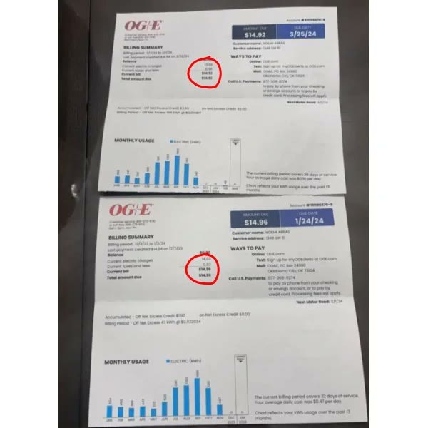 Real OG&E electric bill — $14 monthly after solar