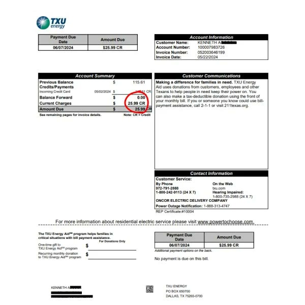 Real TXU Energy bill — $25.99 CR credit balance