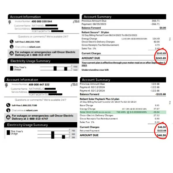 Real Reliant Energy before vs after solar — bill drop