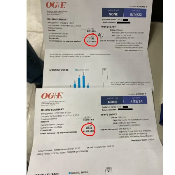 Real OG&E bill — NONE due, $1,701 credit accumulated