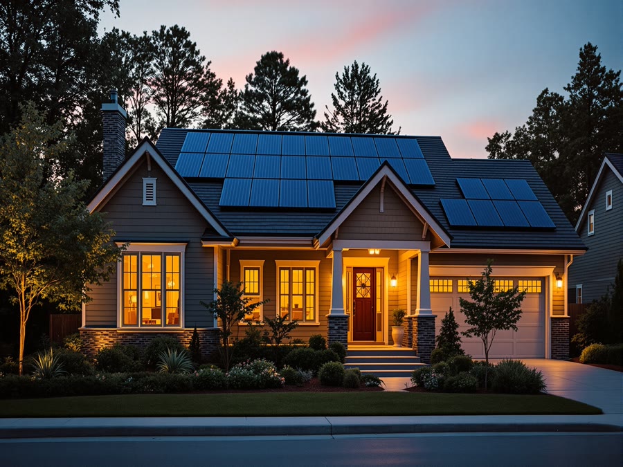 Modern home with solar panels installed on the roof at golden hour