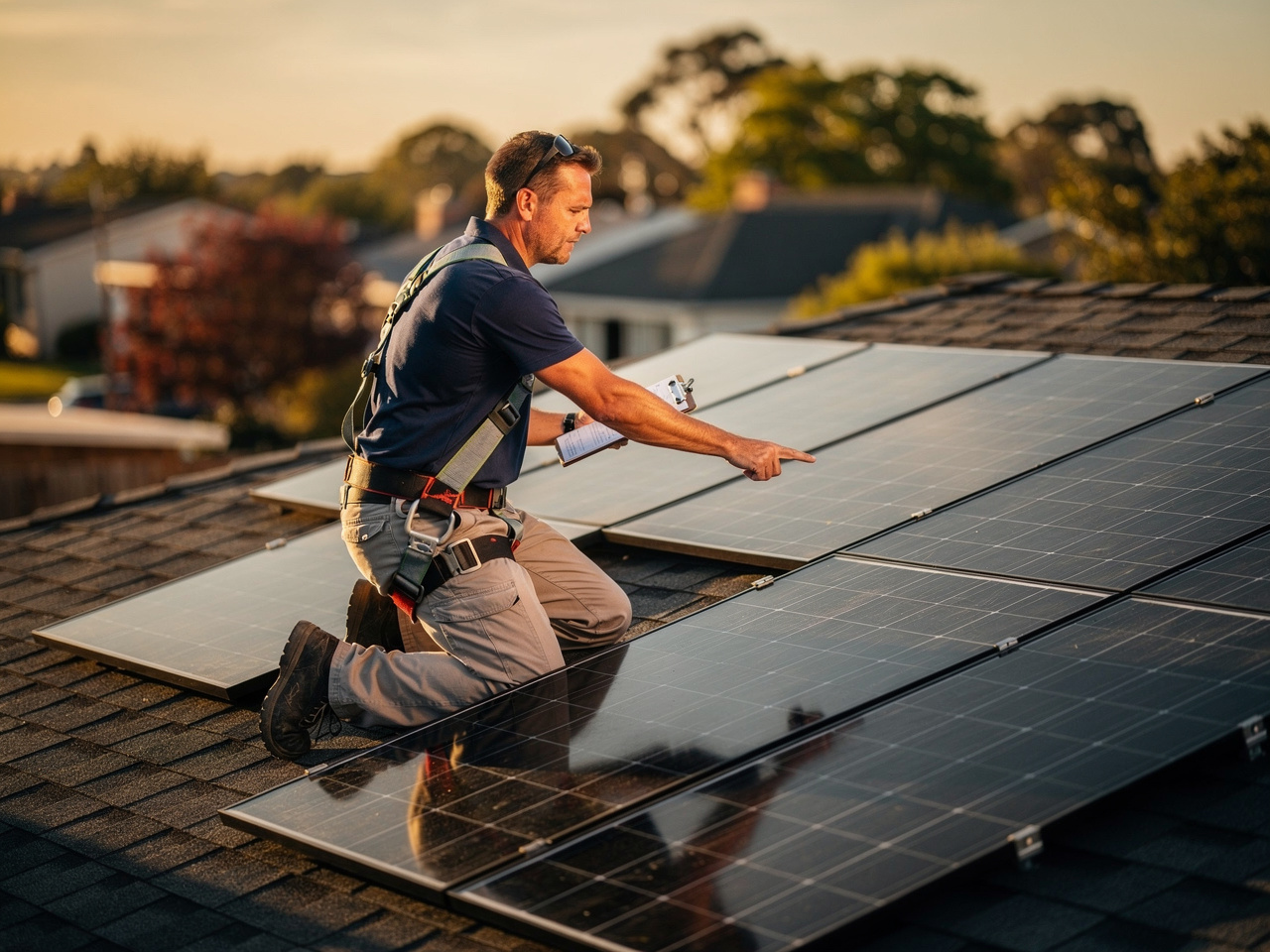 Solar technician inspecting black panels on residential roof