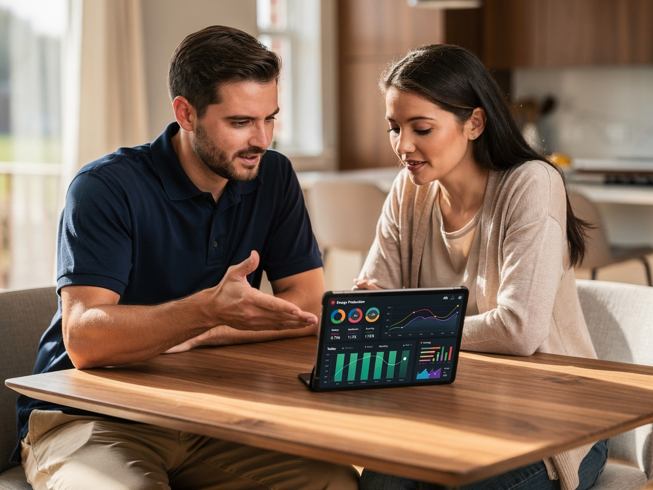 Solar specialist showing homeowner system options on tablet