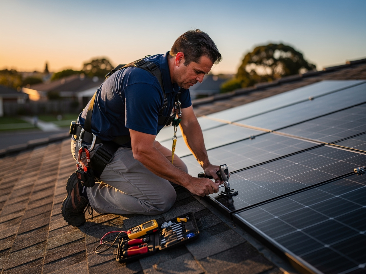 Solar technician performing expert repair on black panels