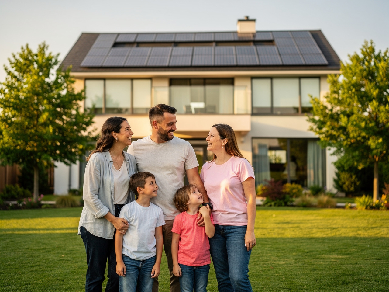 Happy family in front of home with solar panels on roof